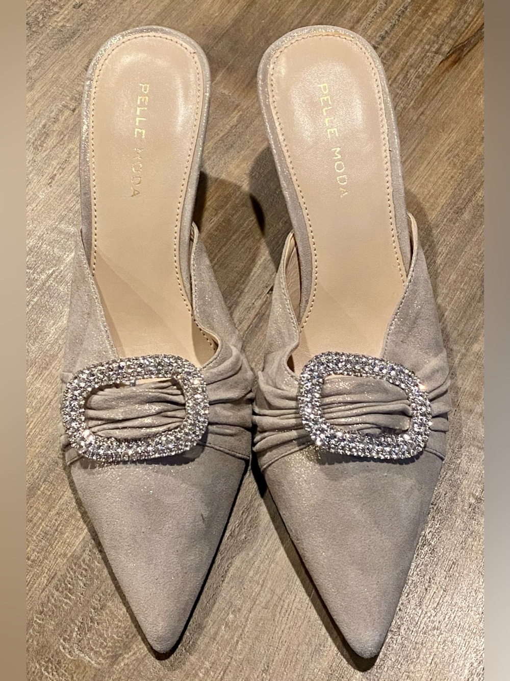 Pelle Moda Taupe Suede Pointed Mule with Crystal Buckle $175